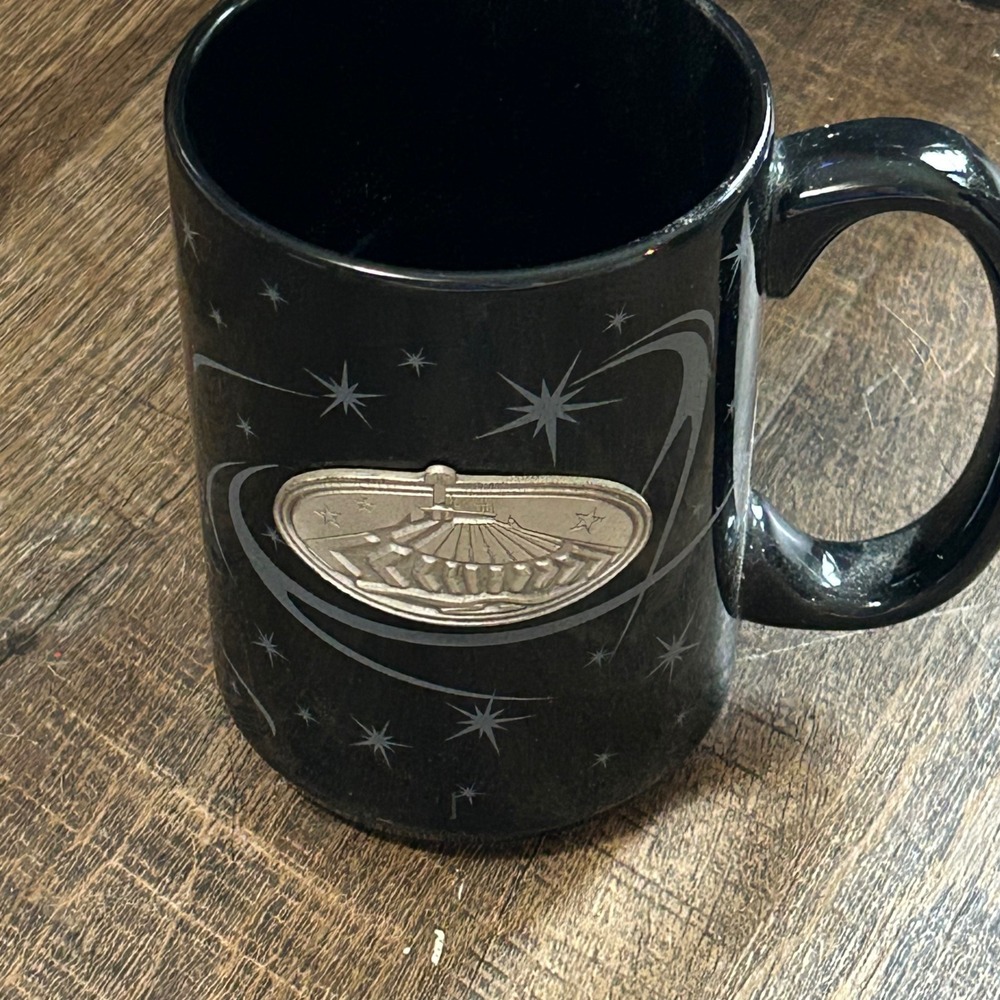 Disney Space Mountain Disneyland Black Ceramic Coffee Mug with 3D Rare Medallion